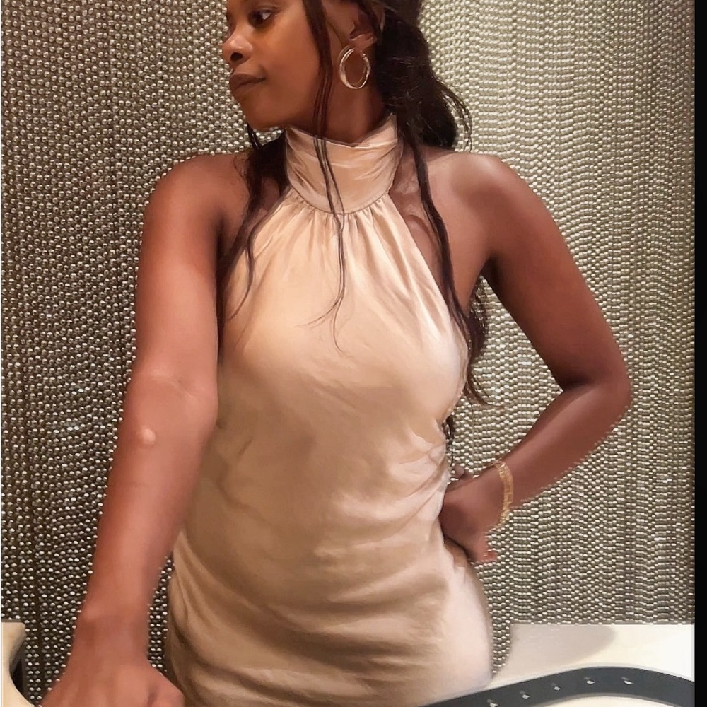 KOURT MINI CHAMPAGNE BACKLESS HALTER DRESS
